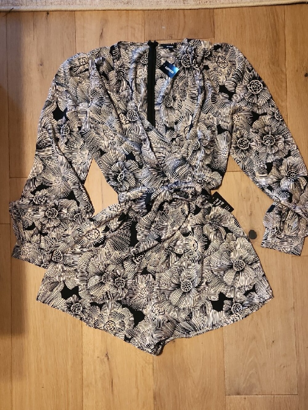 Express Black and White Floral Wrap Romper